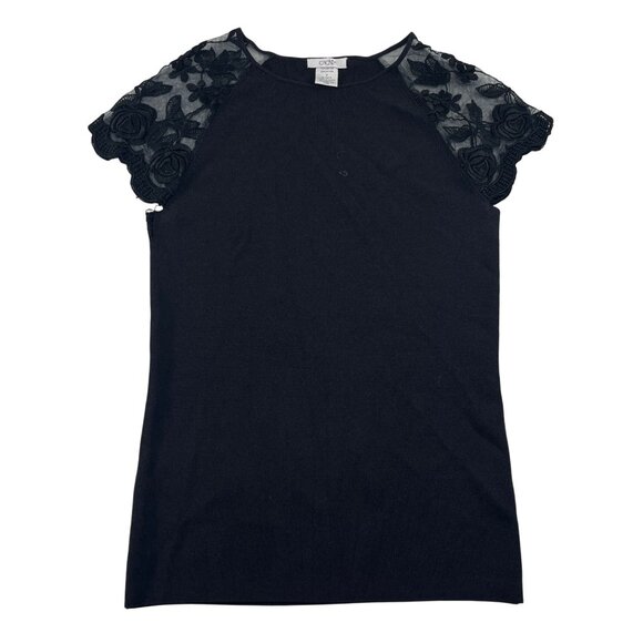 Cache Black Lace Sleeve Top Medium Rayon/Nylon Lightweight Sweater - Picture 1 of 4